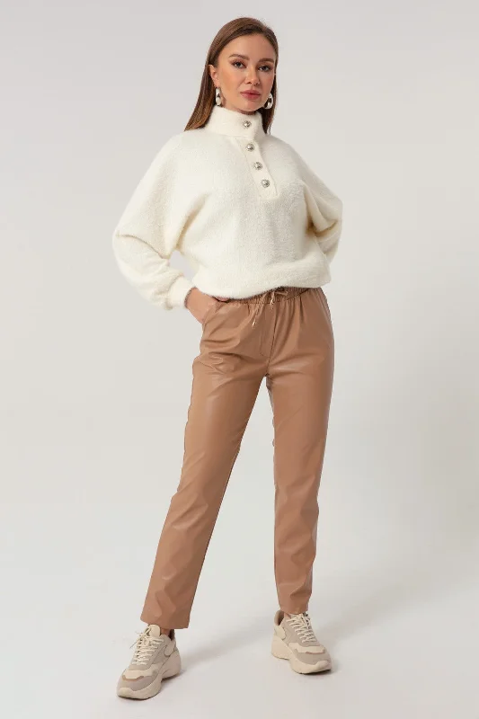 Women With Rubber Leather Pants Slim-Fit Khaki Pants
