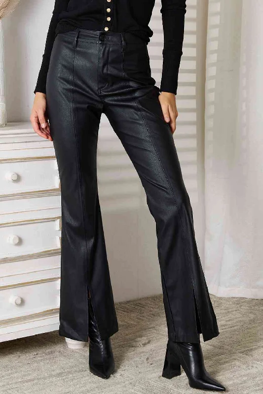 High-Rise Vegan Leather Retro Flare Leg Bell Bottom Raw Hem Pants KanCan Comfortable Cargo Pants