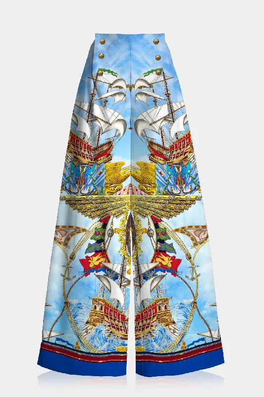 Sailor Print Straight Leg Pants Chic Wool Trousers