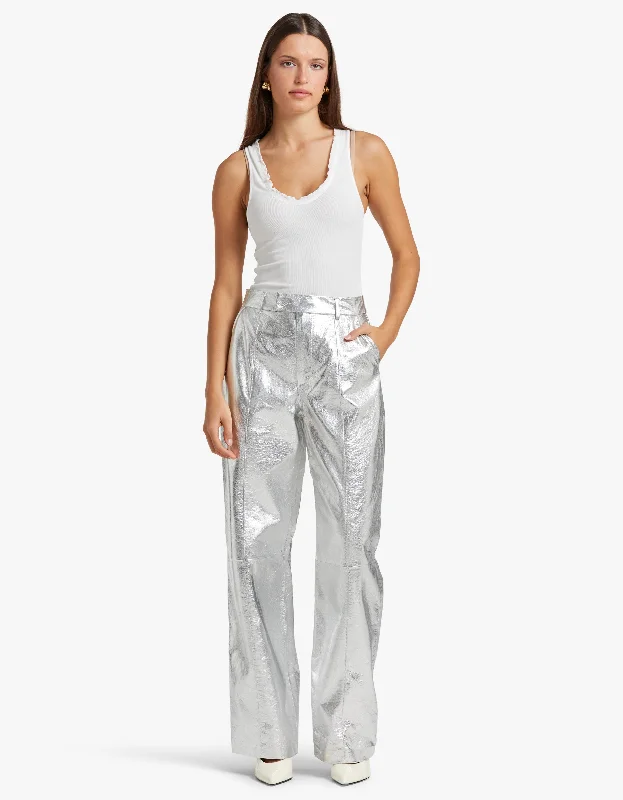 Danielle Leather Pant - Metallic Silver Casual Drawstring Pants