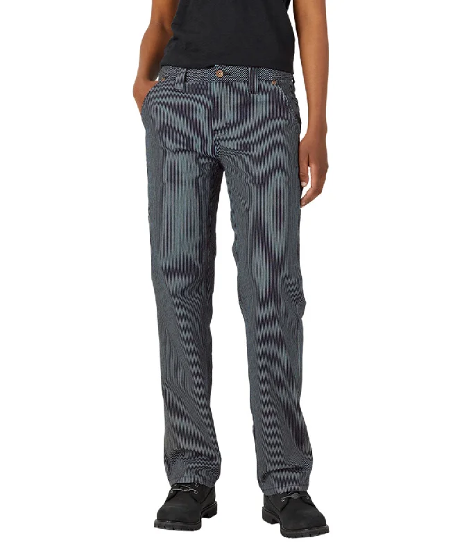 Dickies Women's Carpenter Hickory Stripe Pants Comfy Zip-Up Pants