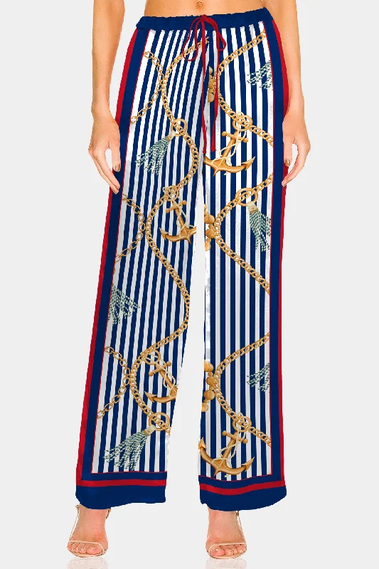 Nautical Stripe Straight Leg Pants Soft Stretch Trousers