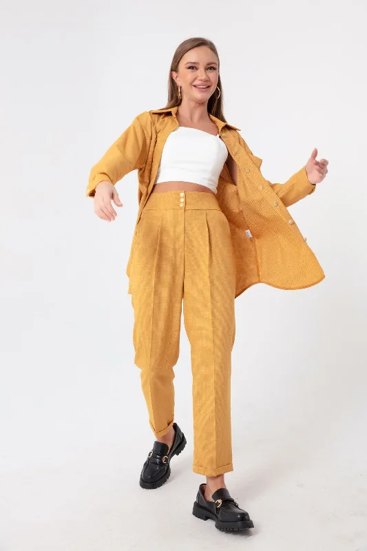 Female Gold Button Striped Pants Comfy High-Waist Jeans