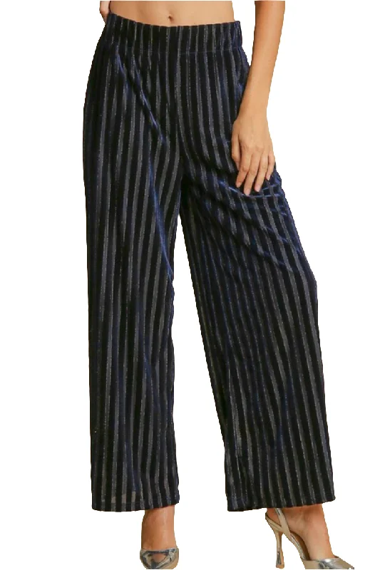 Umgee Velvet High-Rise Retro Pants Wide Leg Boho 70s Metallic Stripe Elastic Waist Elegant Trouser Pants