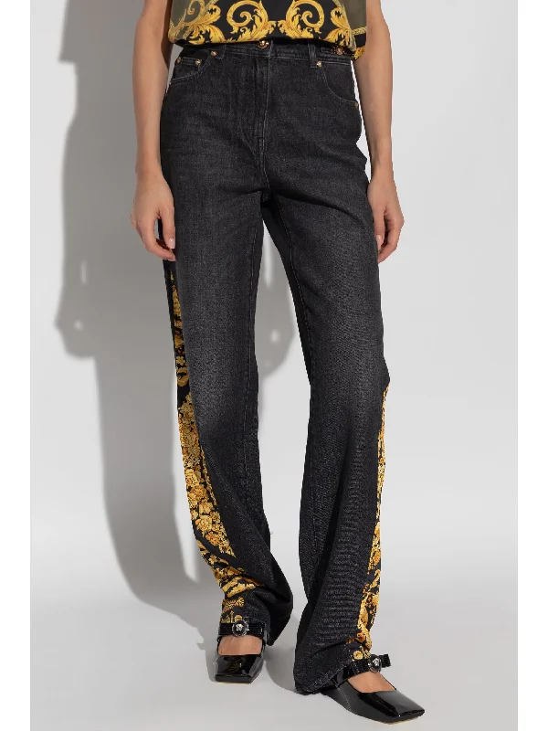 VERSACE - Women Stone Wash Denim Pants With Print Classic Straight Pants