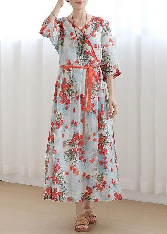 Plus Size Print Oriental Linen Tie Waist Summer Mid Dress