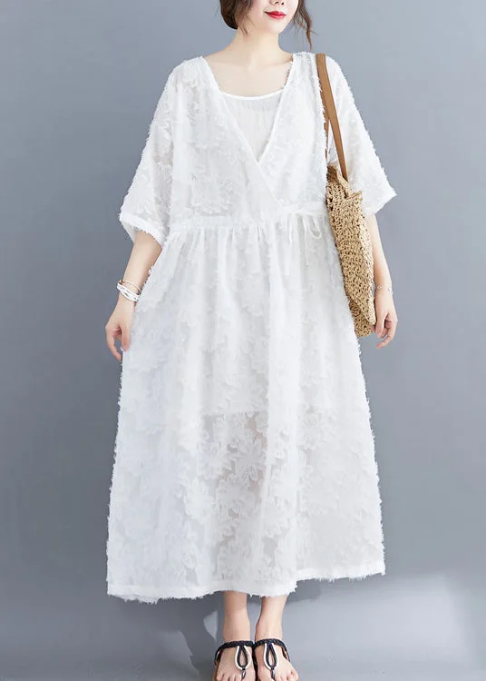 White Women Extra large hem Long Dress Two Pieces Sets Cinched Half Sleeve