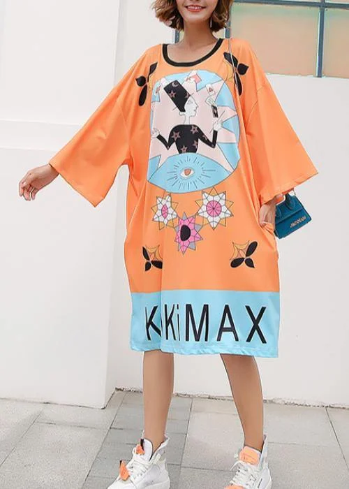 French Orange Graphic Cotton Loose Summer Long Dress