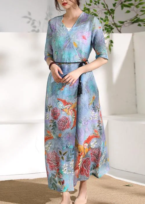 Modern v neck tie waist linen summer clothes design blue print Dress