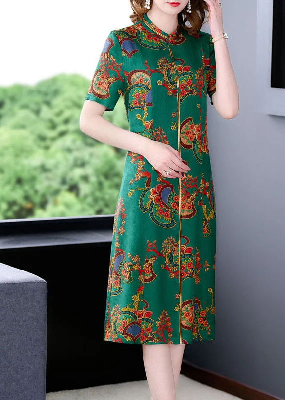 Fitted Green Stand Collar Print Silk Long Dresses Short Sleeve