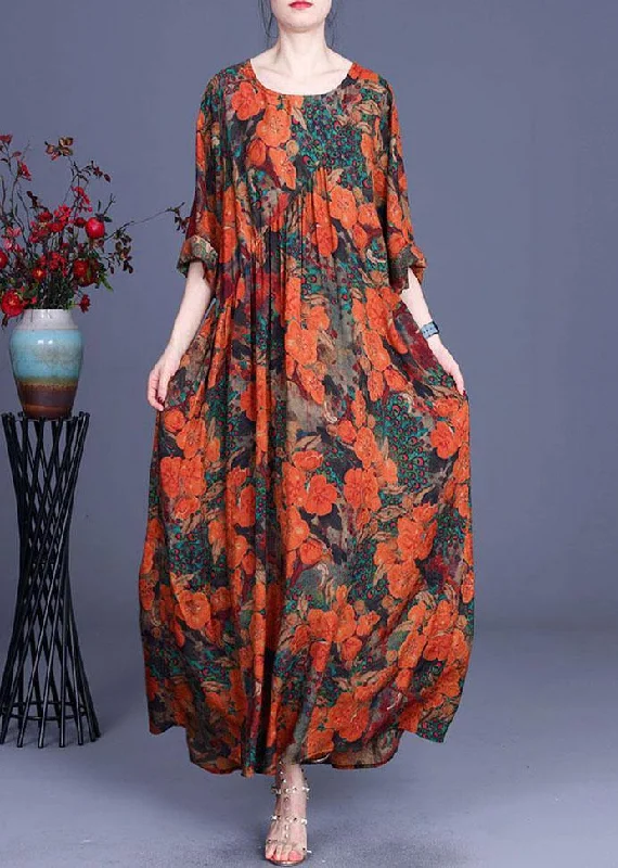 Casual Orange Print O-Neck Asymmetrical Design Summer Silk Cute Long Dresses