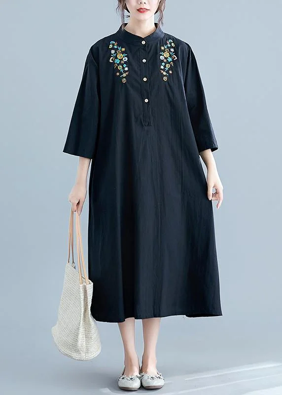 Chic stand collar pockets cotton Wardrobes linen black embroidery long Dress summer