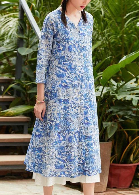 Classy blue print linen Long Shirts v neck tie waist oversized summer Dress