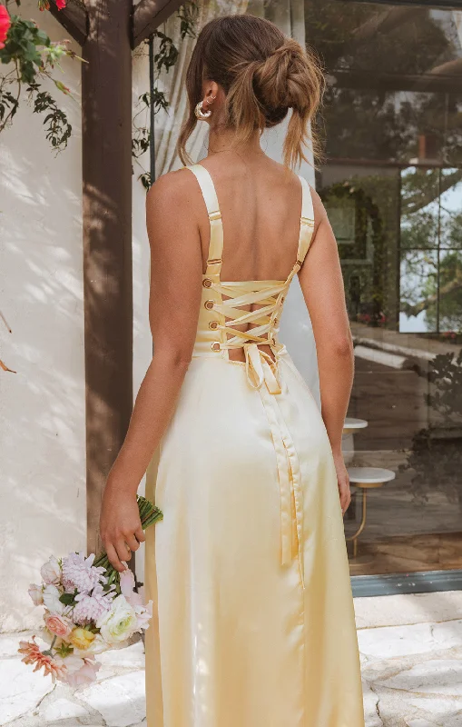Clarissa Corset Dress ~ Pale Yellow Luxe Satin