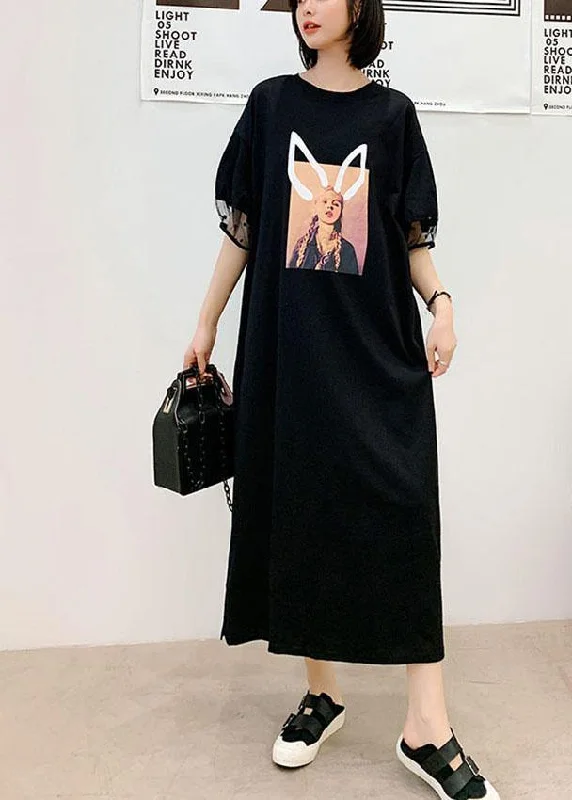Unique Black O-Neck Puff Sleeve Summer Character Long Dress
