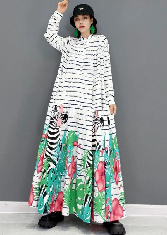 Women White Stand Collar Striped Print Cotton Party Long Dress Long Sleeve