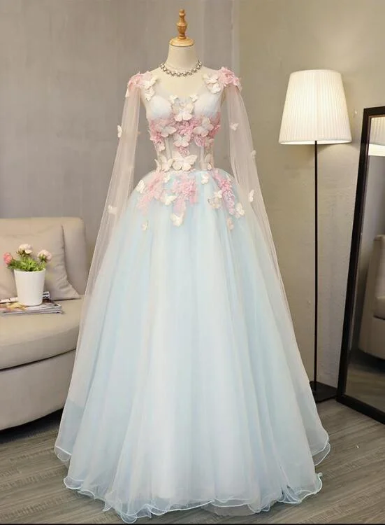 Light Blue Gorgeous Butterfly Long Formal Gowns, Handmade Tulle Gowns, Charming Teen Dresses