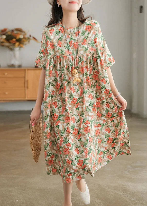 Bohemian Red Print O-Neck Cotton Beach Dresses Short Sleeve