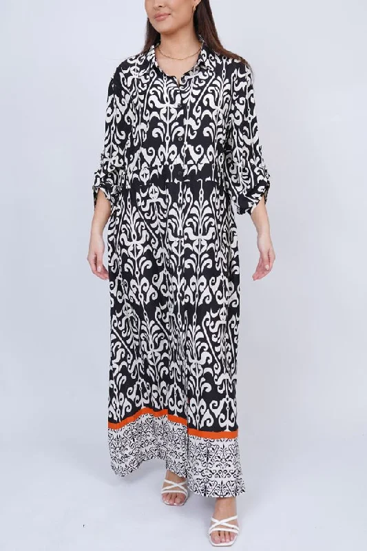 Baroque Print Button Up Collar Dress