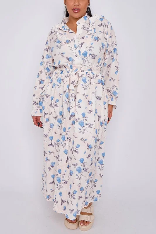 Tulip Flower Print Ruffle Belted Dress