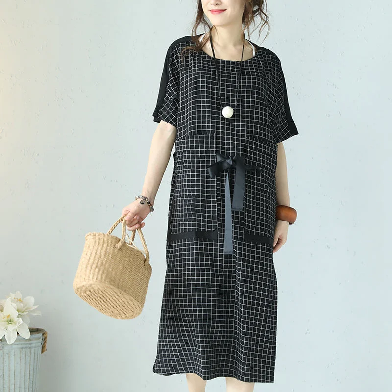 fine black plaid cotton dresses plus size patchwork traveling clothing 2018 tie waist gown fine black plaid cotton dresses plus size patchwork traveling clothing 2018 tie waist gown