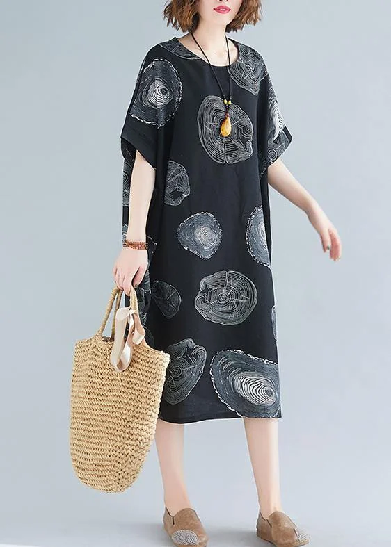 Classy black print Cotton clothes o neck baggy Knee summer Dresses
