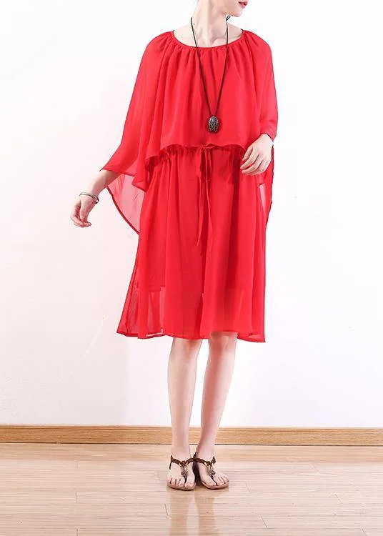 Style red chiffon dresses stylish Shirts tie waist Maxi summer Dress
