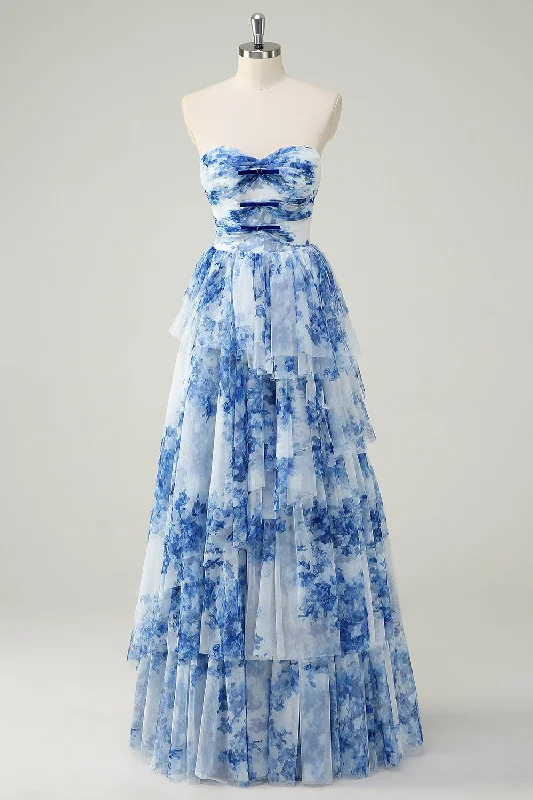 White Blue Flower A Line Strapless Tiered Long Prom Dress