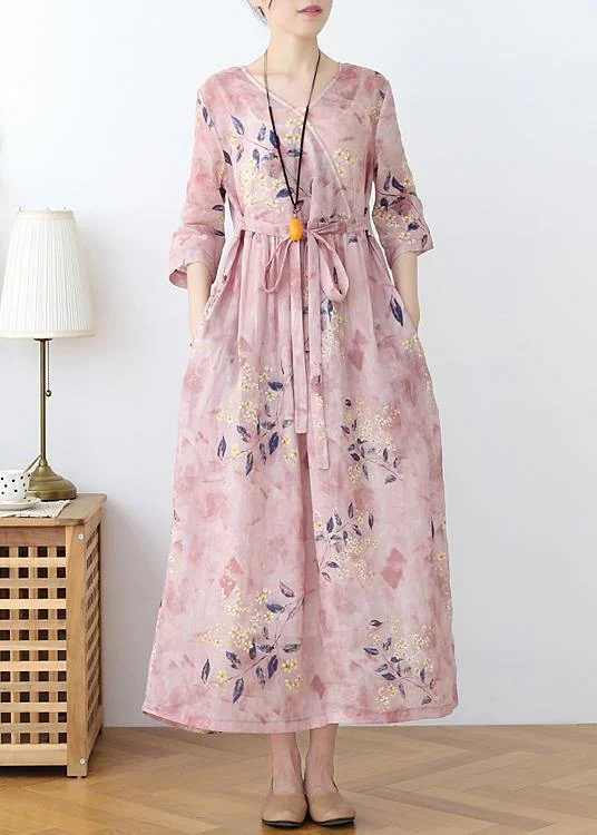 Italian Pink Print Cotton Orientaltie waist Spring Dress