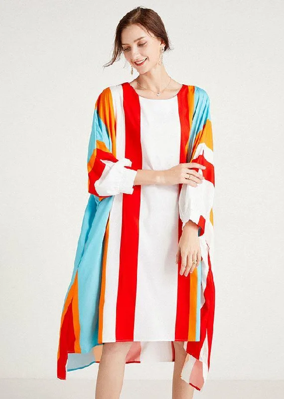 Women Red Striped O-Neck Asymmetrical Design Summer Long Dress Sleeve