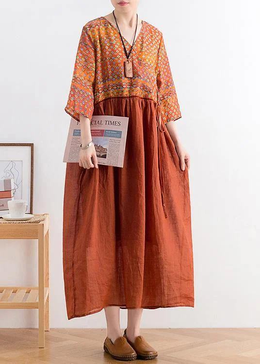 Organic v neck tie waist linen outfit Fabrics chocolate print Dresses