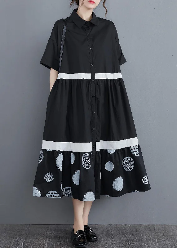 Stylish Black Print Cotton Patchwork A Line Summer Long Dress