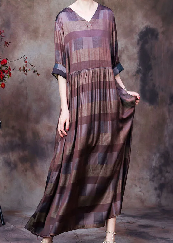 Elegant Chocolate V Neck Plaid Wrinkled Long Dresses Long Sleeve