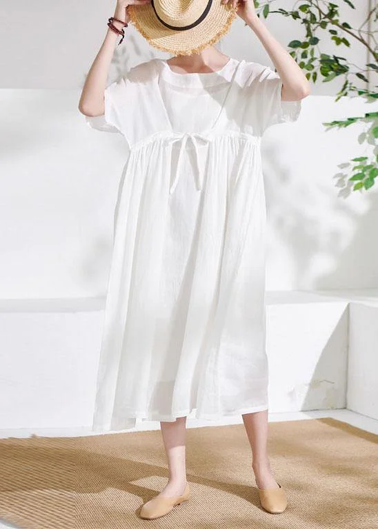 Comfy White Tie Waist Patchwork Summer Ramie Vacation Dresses Half Sleeve