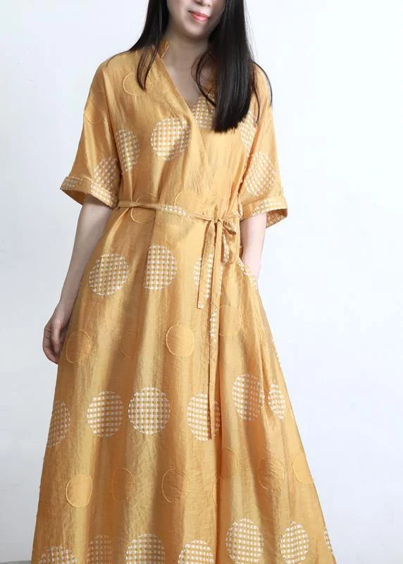 Plus Size Yellow Dot tie waist Dress Summer Dress