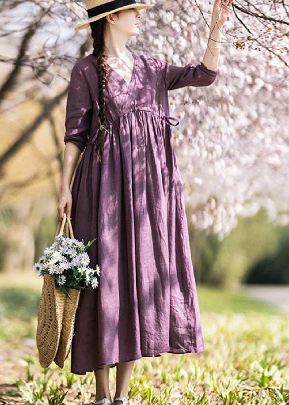 Plus Size Purple tie waist V Neck Mid Summer Linen Dress