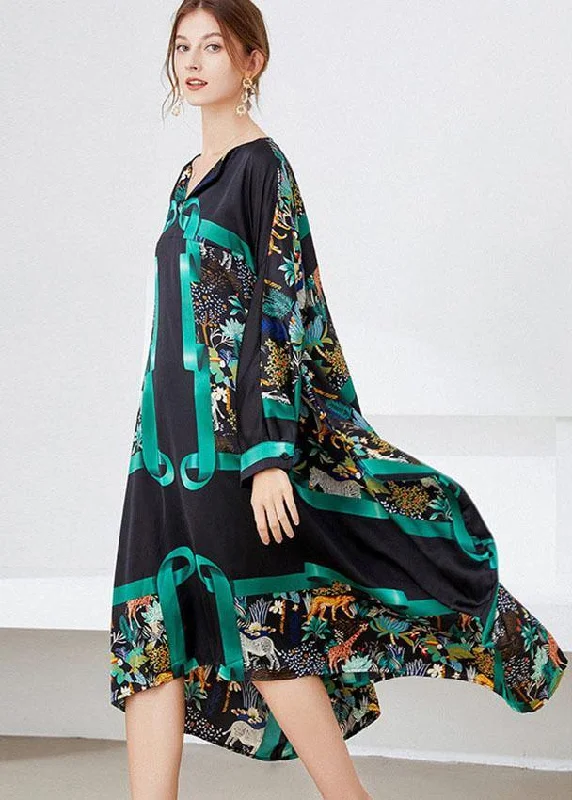Vintage Black Green V Neck Print Fall Long Dresses
