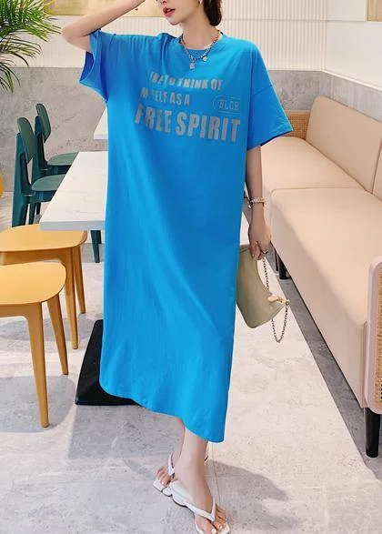 Natural blue Letter clothes Women o neck side open long Dress
