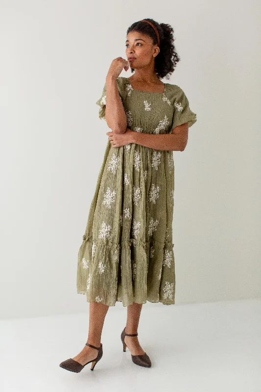 'Tamara' Embroidered Square Neck Textured Dress in Light Olive