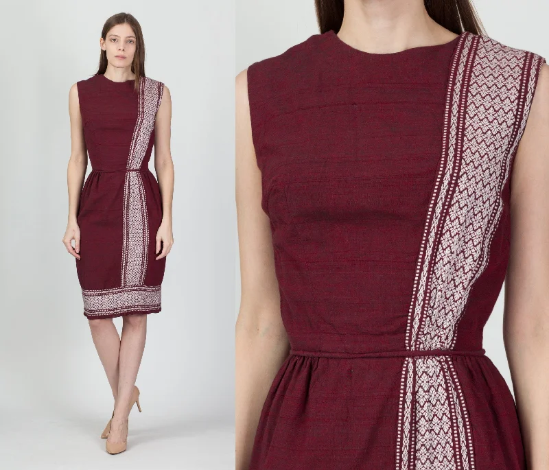 Vintage Maroon Embroidered Sheath Dress - Extra Small