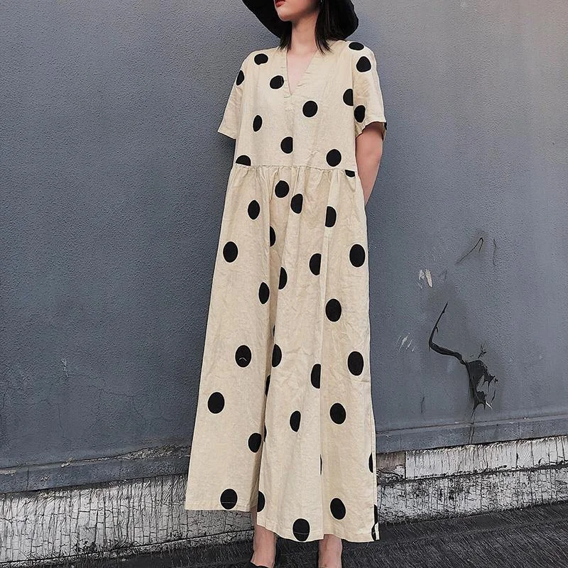 Natural V Neck Wrinkled Spring Tunics Work Outfits Dotted Long Dresses