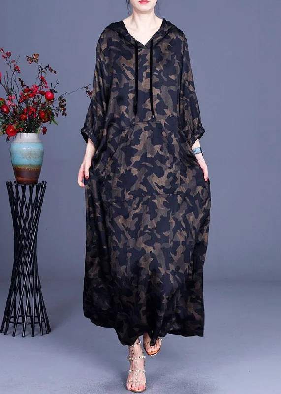 Camouflage Hooded Print Casual Summer Silk Long Dresses