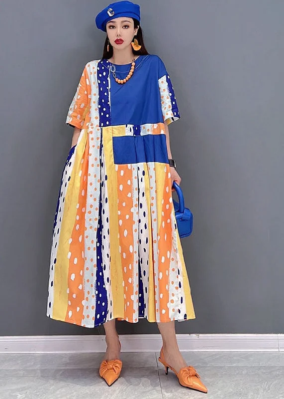 Women Blue Dot Print Patchwork Cotton Pleated Long Dress Short Sleeve