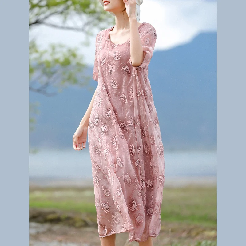 Fine pink embroidery silk cotton blended caftans casual O neck caftans New half sleeve baggy dresses Fine pink embroidery silk cotton blended caftans casual O neck caftans New half sleeve baggy dresses