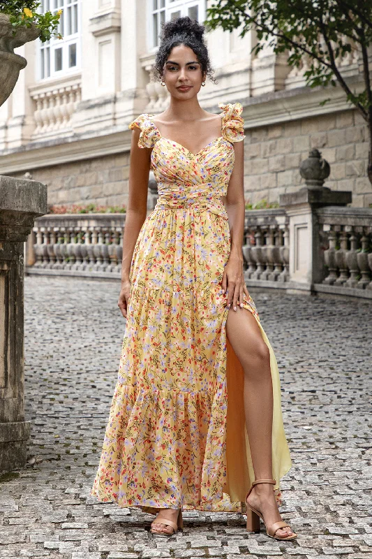 Yellow Flower A Line V Neck Print Pleated Wedding Guest Dress with Slit