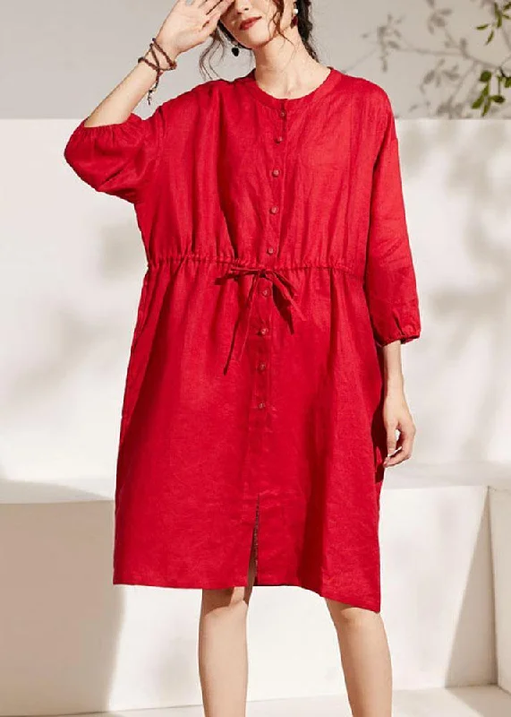 Unique Red lantern Sleeve Tie waist Button Summer Ramie Vacation Dresses Half Sleeve Unique Red lantern Sleeve Tie waist Button Summer Ramie Vacation Dresses Half Sleeve