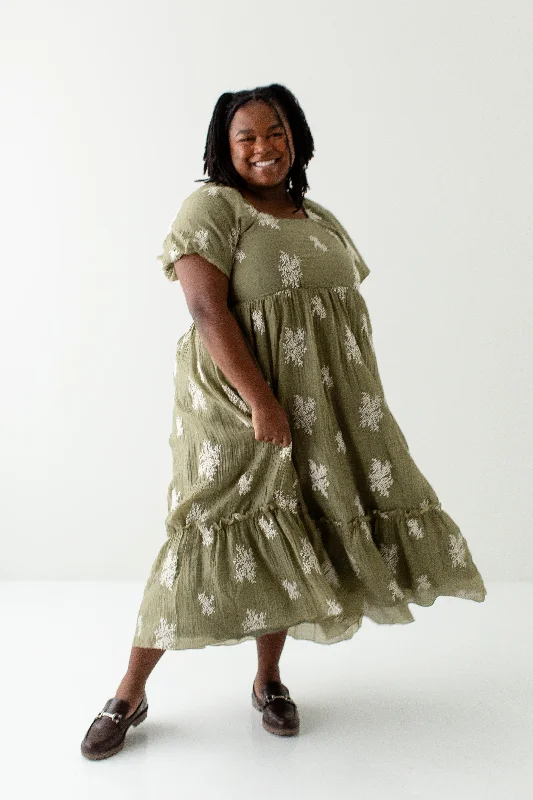 Plus 'Tamara' Embroidered Square Neck Textured Dress in Light Olive