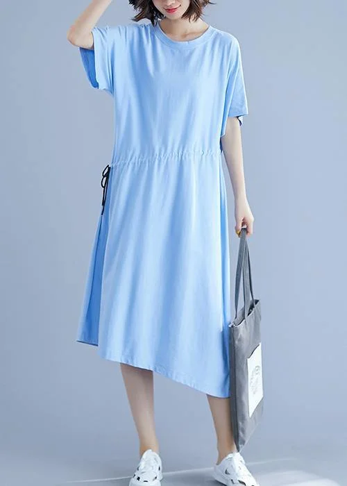Unique drawstring waist cotton summer clothes For Women blue o neck oversized dresses
