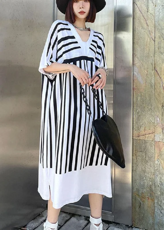Chic White Striped Cotton Dress V Neck Summer Long Dresses