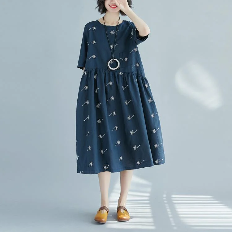 Fine blue print pure cotton linen dress oversized New half sleeve large hem O neck baggy dresses Fine blue print pure cotton linen dress oversized New half sleeve large hem O neck baggy dresses